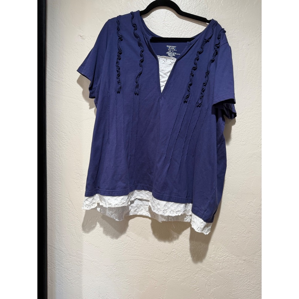 Mainstreet Blues Womens 2X Navy Blue Eyelet Lace Ruffle V-Neck Top 07-1471-7
